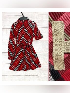 Burberry London Girls Red Nova Check Shirt Dress Belted Cotton Size 11-12Y
